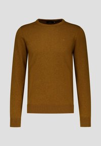 Bruine trui met een klassieke ronde hals, lange mouwen, ribbelmanchetten en een ribbelzoom. Bevat een subtiele logo op de borst, gemaakt van zachte stof.