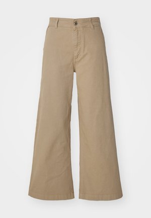 Khaki kalhoty s širokými nohavicemi vyrobené z bavlny, s předním zapínáním na knoflík, poutky na opasek a hladkou, matnou strukturou.
