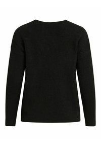 Czarny sweter dzianinowy o luźnym kroju, z długimi rękawami, okrągłym dekoltem i teksturalnym prążkowaniem na plecach.