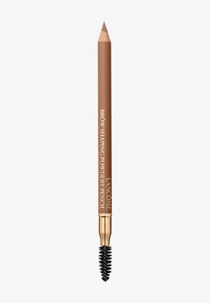 Crayon pour le dessin des sourcils en brun clair avec une pointe fine et une brosse à sourcils spirale noire à l'autre extrémité. Détails dorés à la base.