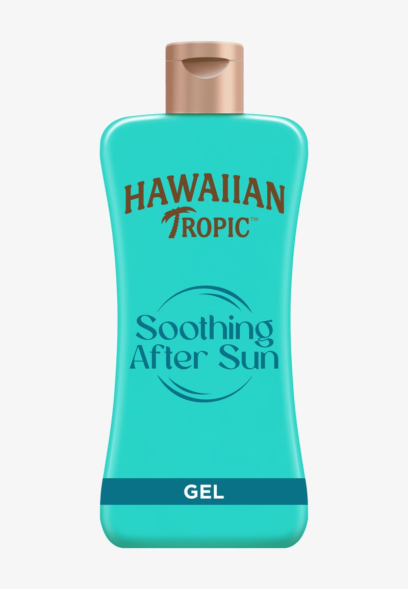 Turkooizen flesje Hawaiian Tropic Soothing After Sun-gel met bruine dop en logo, ontworpen om de huid te verzachten na zonblootstelling.