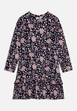 Long-sleeve dress in dark navy with a floral pattern in pink and white, featuring a ruffled hemline. Made from soft, lightweight fabric.