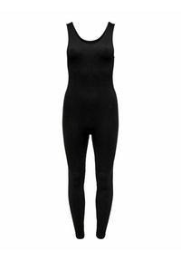 Bodysuit negro sin mangas, hecho de un material suave y elástico. Presenta un escote redondeado y un diseño ajustado, que se extiende hasta los tobillos.