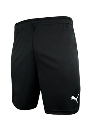 Czarne spodenki sportowe z elastycznym pasem i białym logo Puma na dolnej lewej nodze, pokazane z tyłu i z boku.