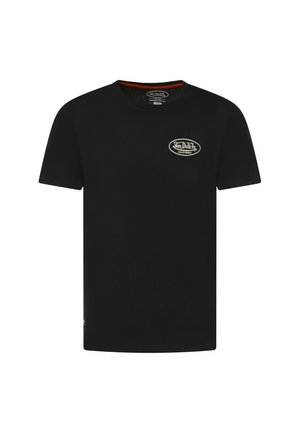 T-shirt en coton noir à manches courtes, col rond et avec un logo blanc sur la poitrine gauche. Il présente une couleur unie et un design classique.