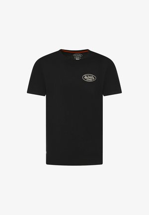 T-shirt en coton noir à manches courtes, col rond et avec un logo blanc sur la poitrine gauche. Il présente une couleur unie et un design classique.