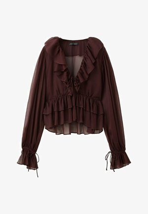 Blusa marrone trasparente a maniche lunghe con colletto arricciato, balze a più livelli sul davanti e dettagli con laccetti sullo scollo e sui polsini.