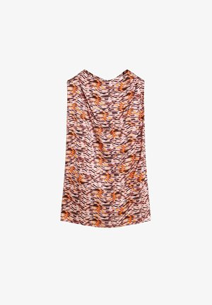 Sleeveless top in lightweight fabric featuring a wavy animal print in shades of orange, brown, and pink. Smooth texture, loose drape.