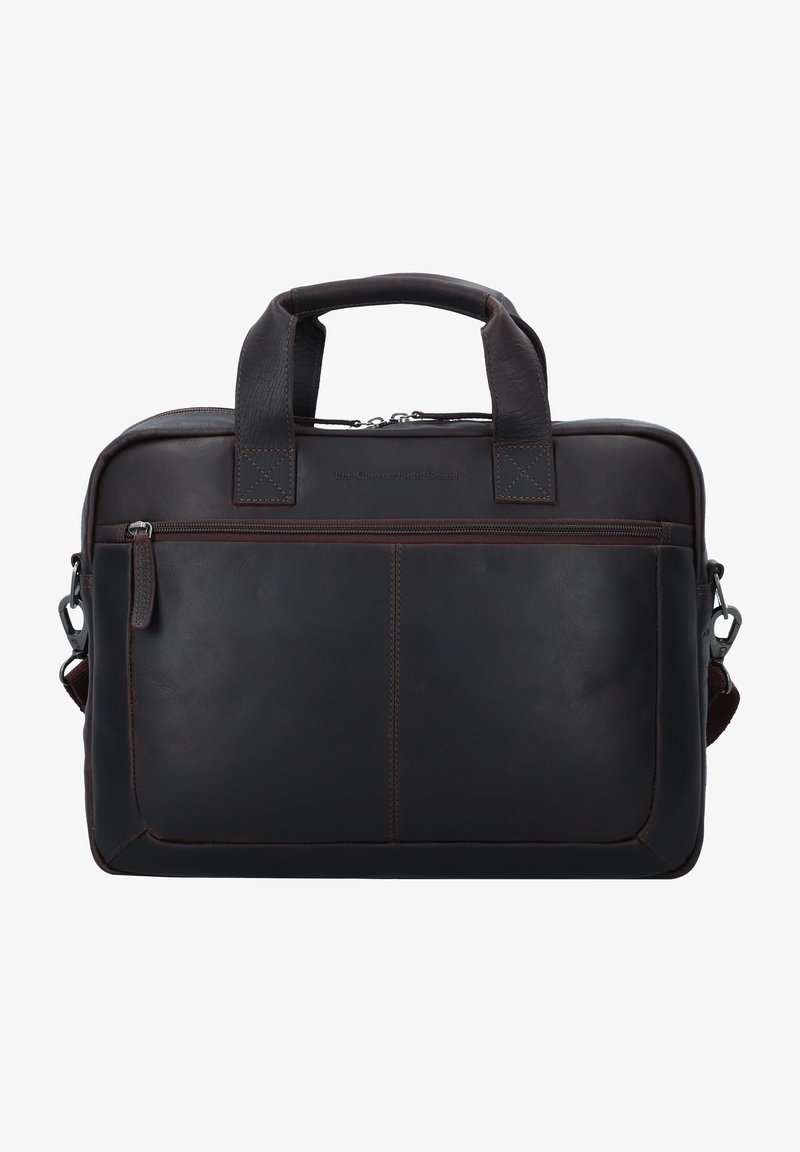 Dunkelbraune Lederaktentasche mit doppelten oberen Griffen, vorderer Reißverschlusstasche und abnehmbarem Schultergurt. Verfügt über eine glatte Textur und ein strukturiertes Design.