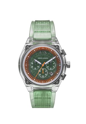 Transparentny zegarek na rękę z zielonym paskiem, zieloną tarczą, pomarańczowym zewnętrznym pierścieniem, trzema subtarczami, okienkiem daty oraz srebrnymi wskazówkami i znacznikami.