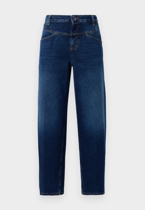 Dark blue denim jeans with a straight-leg design, five pockets, top button fastening, and orange stitching accents.