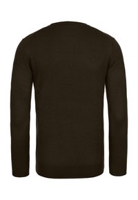Tmavě hnědý pletený svetr s kulatým výstřihem a dlouhými rukávy, s hladkou texturou a přiléhavým střihem bez viditelných vzorů.