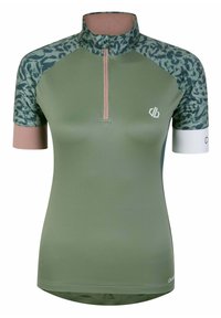 Kortärmad sporttopp i olivgrönt med ett tryckt axelmotiv, dragkedja i halsen och logotyp på bröstet och ärmen. Mjuk tygstruktur.