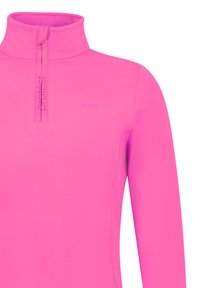 Pullover in pile di colore rosa vivace, caratterizzato da un colletto alto e design con zip a metà. Texture liscia con dettagli di branding minimi sulla parte anteriore.