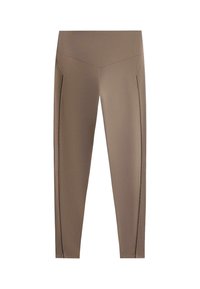 Leggings marron sans couture avec une taille haute et des détails sur la couture latérale, conçus pour un ajustement près du corps et confortable.