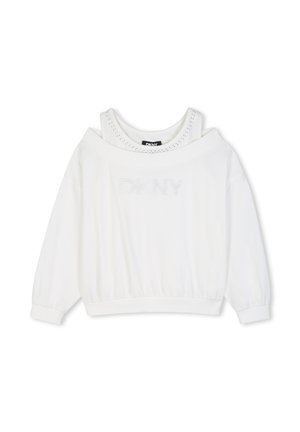 Sweat-shirt blanc à manches longues style épaule dénudée avec un débardeur superposé en dessous et un logo DKNY discret embossé sur la poitrine.