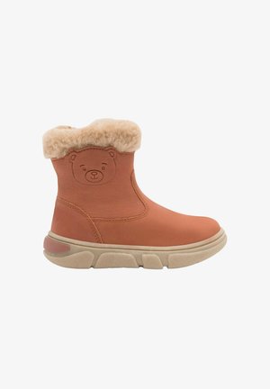 Brune børnevinterstøvler med beige imiteret pelskant og præget bjørneansigt på siden, beige tekstureret gummisål.