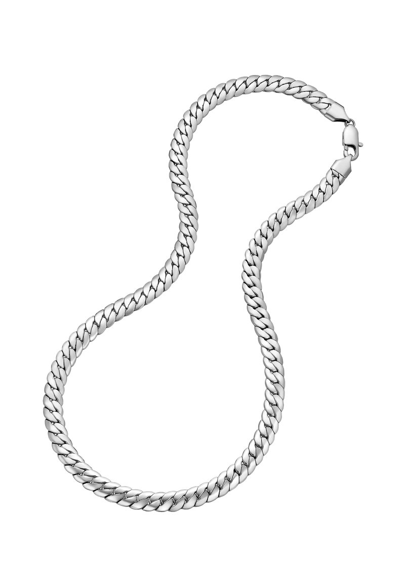 Sølv kæde med sammenkoblede led, en glat tekstur og en sikker lås. Designet er ensartet og cirkulært i formen.