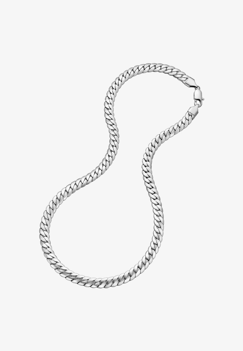 Sølv kæde med sammenkoblede led, en glat tekstur og en sikker lås. Designet er ensartet og cirkulært i formen.