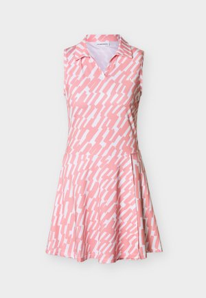 Ärmelloses, rosa-weiß gemustertes Kleid mit Kragen, ausgestelltem Rock und V-Ausschnitt, vor einfarbigem Hintergrund gezeigt.