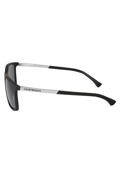 Black sunglasses with a matte finish, silver metal accents, and textured black temple tips. Polarized lenses provide UV protection.
