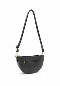 Borsa a tracolla in pelle nera con forma arrotondata, dotata di una tasca frontale con zip e di una lunga tracolla regolabile. Accenti in metallo color oro.