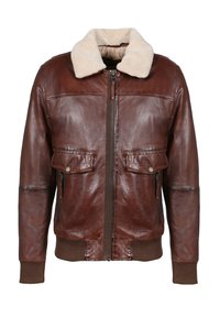 Chaqueta bomber de cuero marrón con cuello de borreguillo beige, cremallera frontal, bolsillos con solapa y puños y dobladillo de canalé.