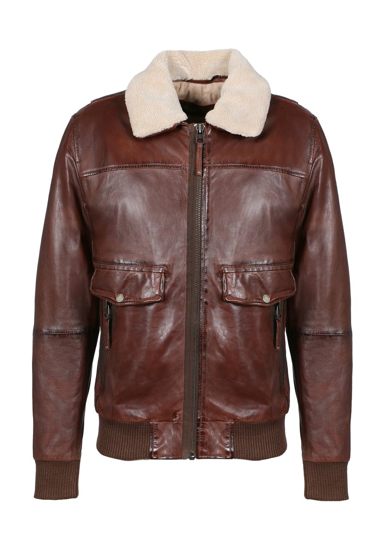 Chaqueta bomber de cuero marrón con cuello de borreguillo beige, cremallera frontal, bolsillos con solapa y puños y dobladillo de canalé.