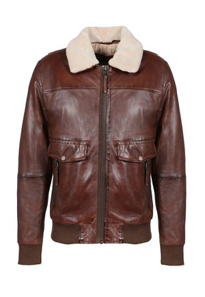 Brown leather jacket with a shearling collar, two flap pockets on the chest, zip closure, and ribbed cuffs and hem. Textured finish.