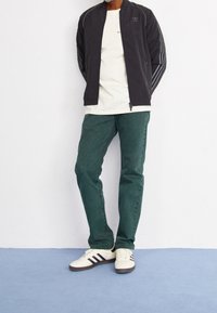 Black lightweight jacket with gray stripes, white t-shirt, green jeans, and white sneakers with dark accents.