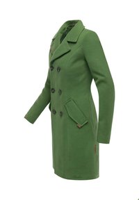 Manteau en laine verte avec un design croisé, six boutons noirs, revers crantés, poches latérales et une texture lisse.