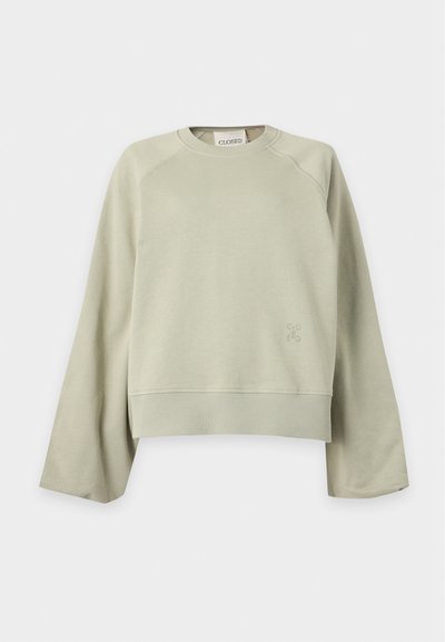 Sweat-shirt beige clair à col rond, manches longues et larges, poignets et ourlet côtelés, et petit logo discret sur le bas avant gauche.