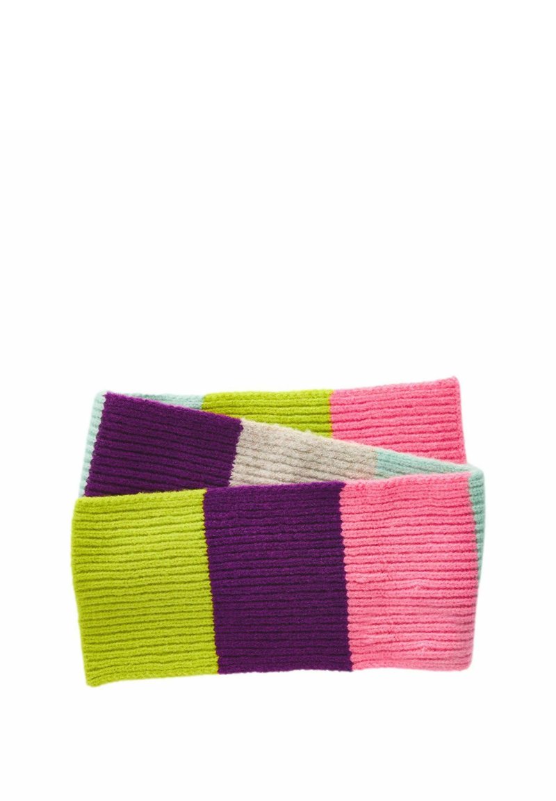 Strick-Haarband mit auffälligen Streifen in Lila, Pink, Grün und Beige. Strukturierter Stoff mit geripptem Design, weiches und elastisches Material.