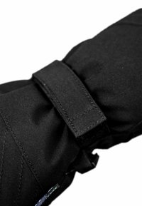 Schwarze isolierte Handschuhe mit einem Klettverschluss. Der Stoff ist glatt mit einem leichten Glanz, und die Nähte sind entlang der Bündchen sichtbar.