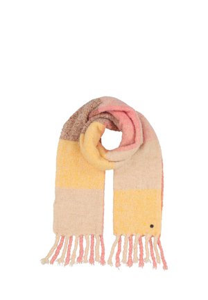 Sciarpa morbida e lavorata a maglia con ampie strisce orizzontali in rosa, beige, giallo e marrone, terminante con frange attorcigliate.