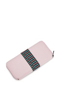 Pink fabric wallet with a zigzag patterned black, pink, and turquoise band; rectangular shape, smooth texture, zip closure detail.