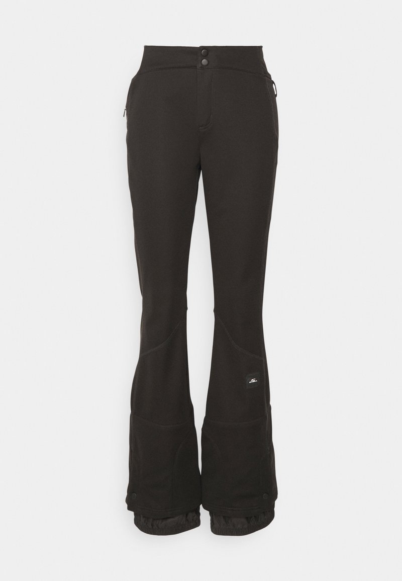 Czarne spodnie narciarskie z wysokim stanem, dwoma guzikami i zapinanymi na zamek kieszeniami po bokach. Tkanina jest gładka z delikatnie chropowatym wykończeniem.