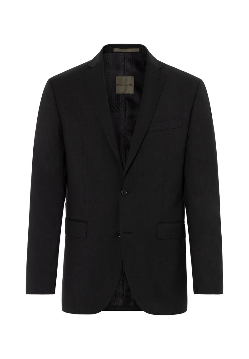 Schwarzer taillierter Blazer mit Reverskragen, einreihiger Knopfschluss, zwei Vorderaschen und gemustertem Innenfutter. Glatte Stoffoberfläche.