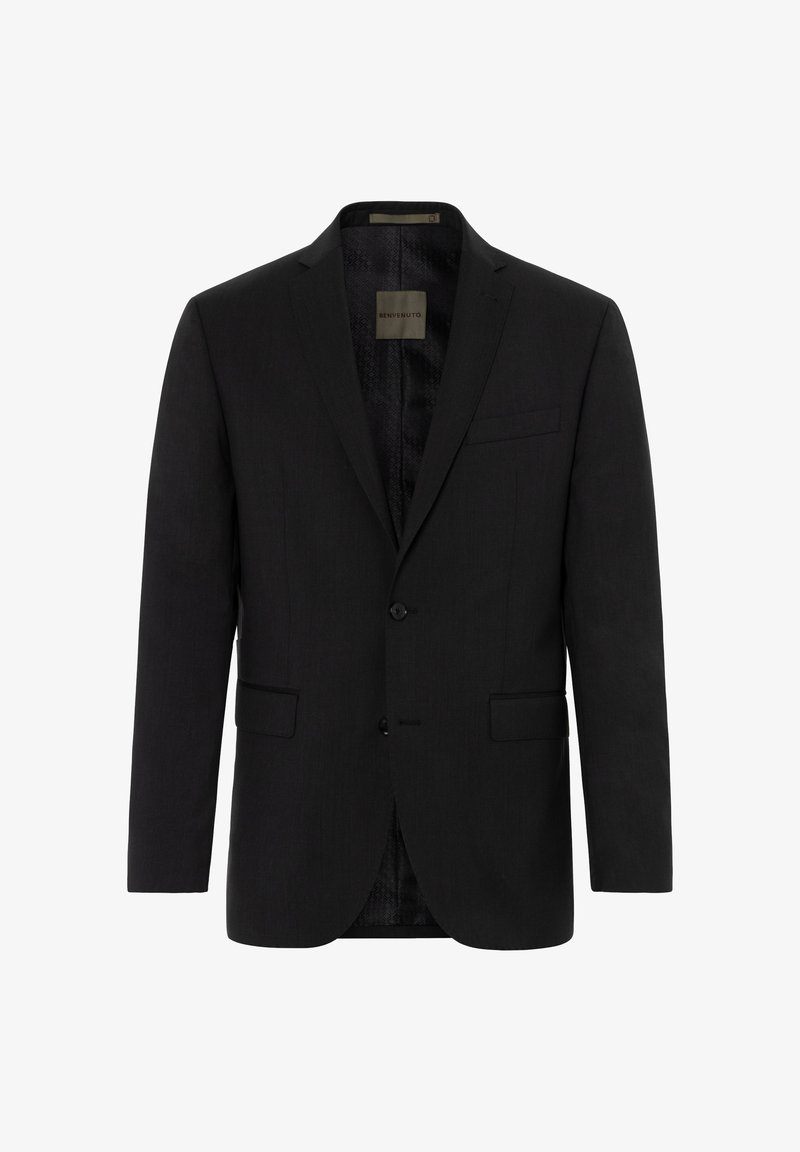 Schwarzer taillierter Blazer mit Reverskragen, einreihiger Knopfschluss, zwei Vorderaschen und gemustertem Innenfutter. Glatte Stoffoberfläche.