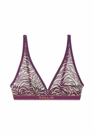 Soutien-gorge triangle violet transparent avec imprimé zèbre et bande élastique en bas avec le mot "PULLIN" en lettres dorées.