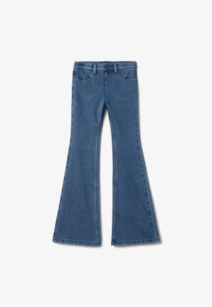 Blauwe wijde spijkerbroeken gemaakt van denim met een ontwerp met vijf zakken, zichtbare stiksels en een getailleerde taille die vanaf de knie uitloopt.