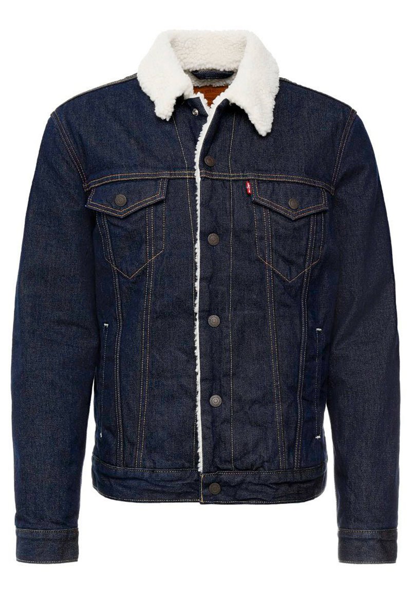 Kurtka dżinsowa w ciemnoniebieskim kolorze, z białym kołnierzem z sztucznego futra, zapięciem na guziki, dwiema kieszeniami na piersi oraz kontrastowymi przeszyciami.