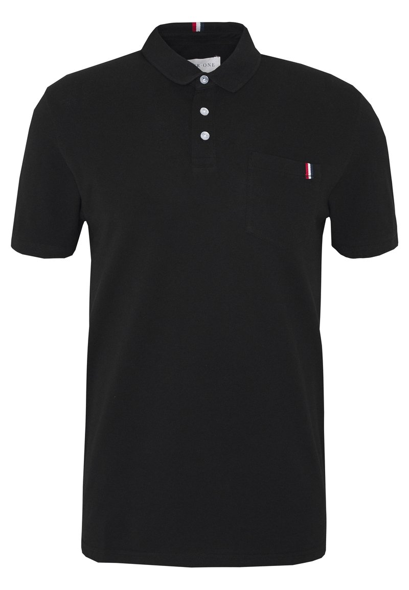 Polo-shirt noir en coton, avec une patte de boutonnage à trois boutons, des manches courtes et une poche sur la poitrine gauche avec un accent tricolore.