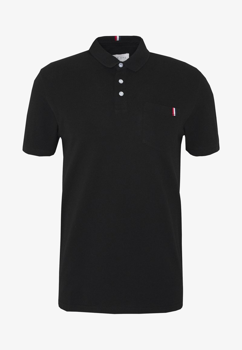 Polo-shirt noir en coton, avec une patte de boutonnage à trois boutons, des manches courtes et une poche sur la poitrine gauche avec un accent tricolore.