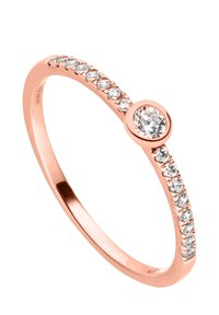 Rose gold ring featuring a central round stone, surrounded by smaller clear stones set along one side of a slim band. Smooth polished finish.