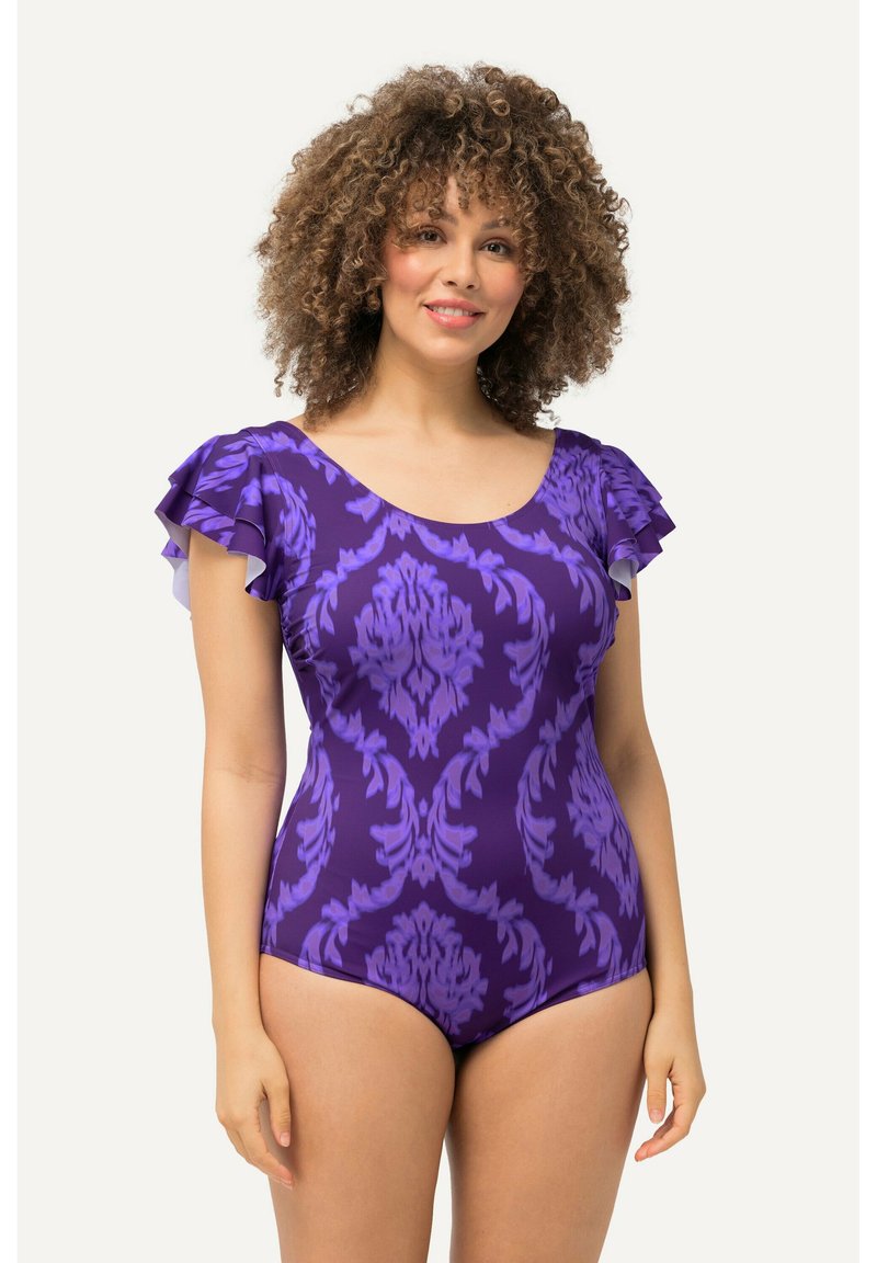 Maillot de bain une pièce violet avec un motif floral, doté de manches froncées, d'une texture lisse et d'un décolleté arrondi.