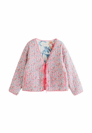 Quilted jacket with a floral pattern in pink and white, featuring a V-neck, tie closure, and pink trim along the edges and pockets.