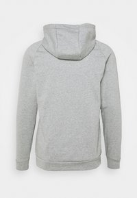 Grey hoodie with a spacious hood, long sleeves, ribbed cuffs, and hem. Made of soft, textured fabric with a plain design.