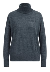 Pull à col roulé gris foncé en tissu tricoté doux. Présente une coupe décontractée, des poignets côtelés et un col haut. Convient pour être porté en superposition.