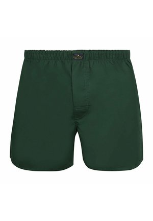 Donkergroene boxershorts voor mannen met elastische tailleband en gulp aan de voorkant, met het label "Steppin' Out" op de tailleband.